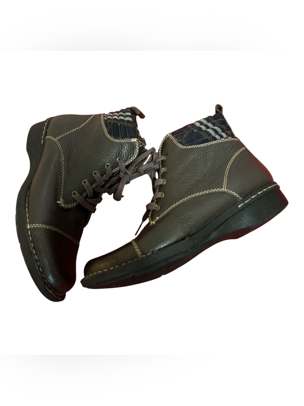 Clarks Womens Whistle Bea Ankle Boots Brown Pebbled Leather Plaid Detail Size 7 - Picture 2 of 7